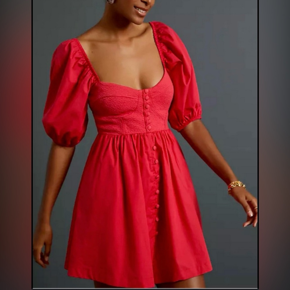 NWT Anthropologie Maeve Puff-Sleeve Sweetheart Mini Dress Red -Large